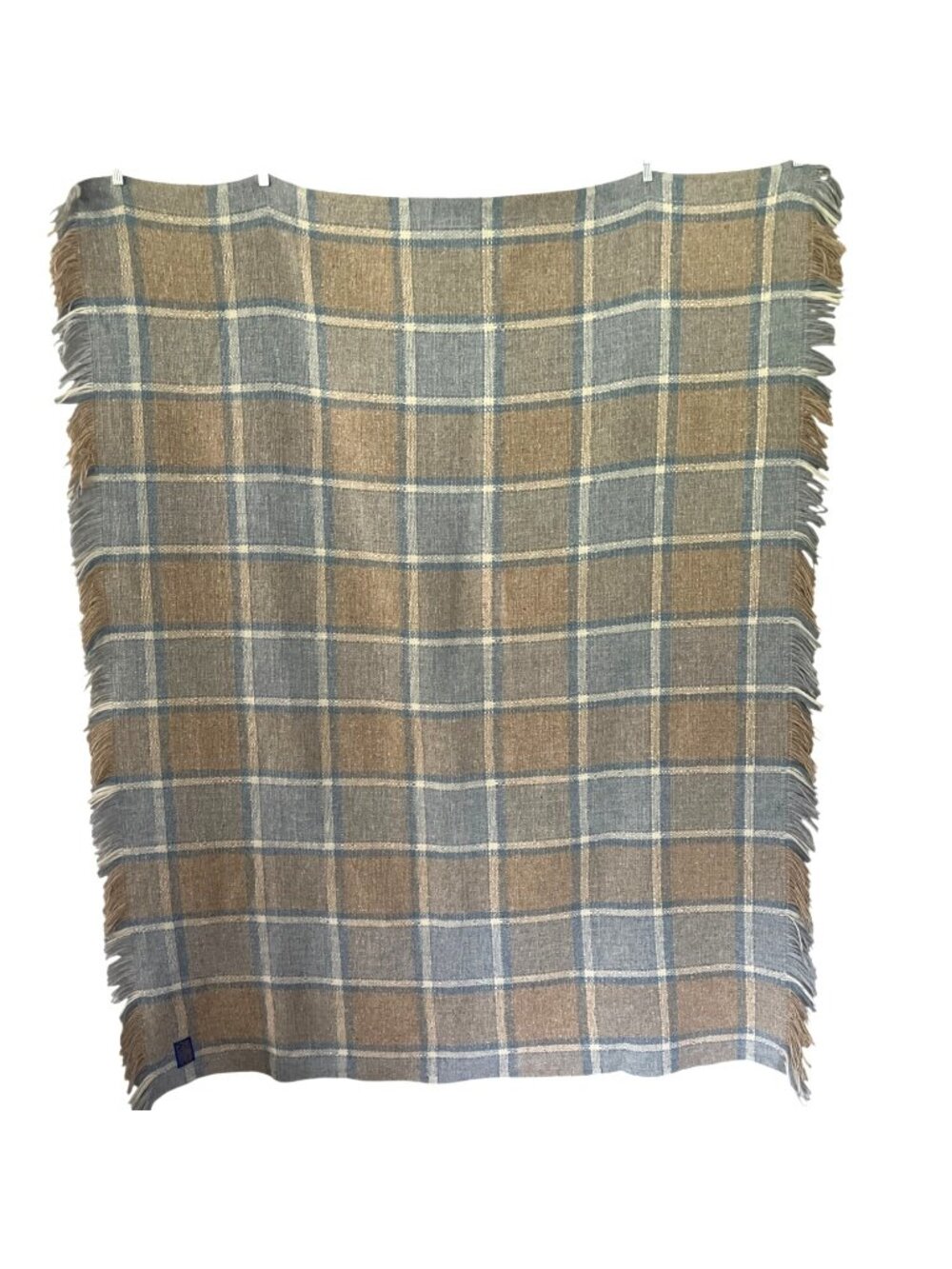 Pendleton Virgin Wool Fringed Throw Blanket Pastel Blue Tan Plaid Vintage - Picture 4 of 6